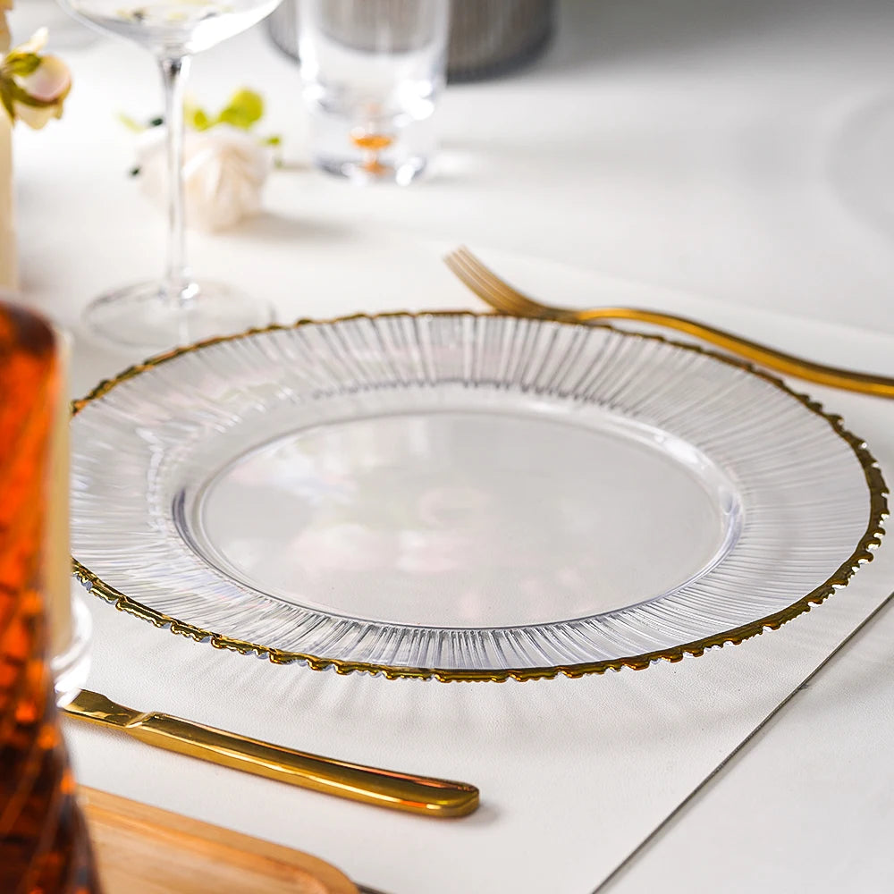 Hot Selling 13Inch Elegant Irregular With Vertical Stripes Eege Gold Silver Rose Gold Rim Black Glass Charger Plates for Wedding