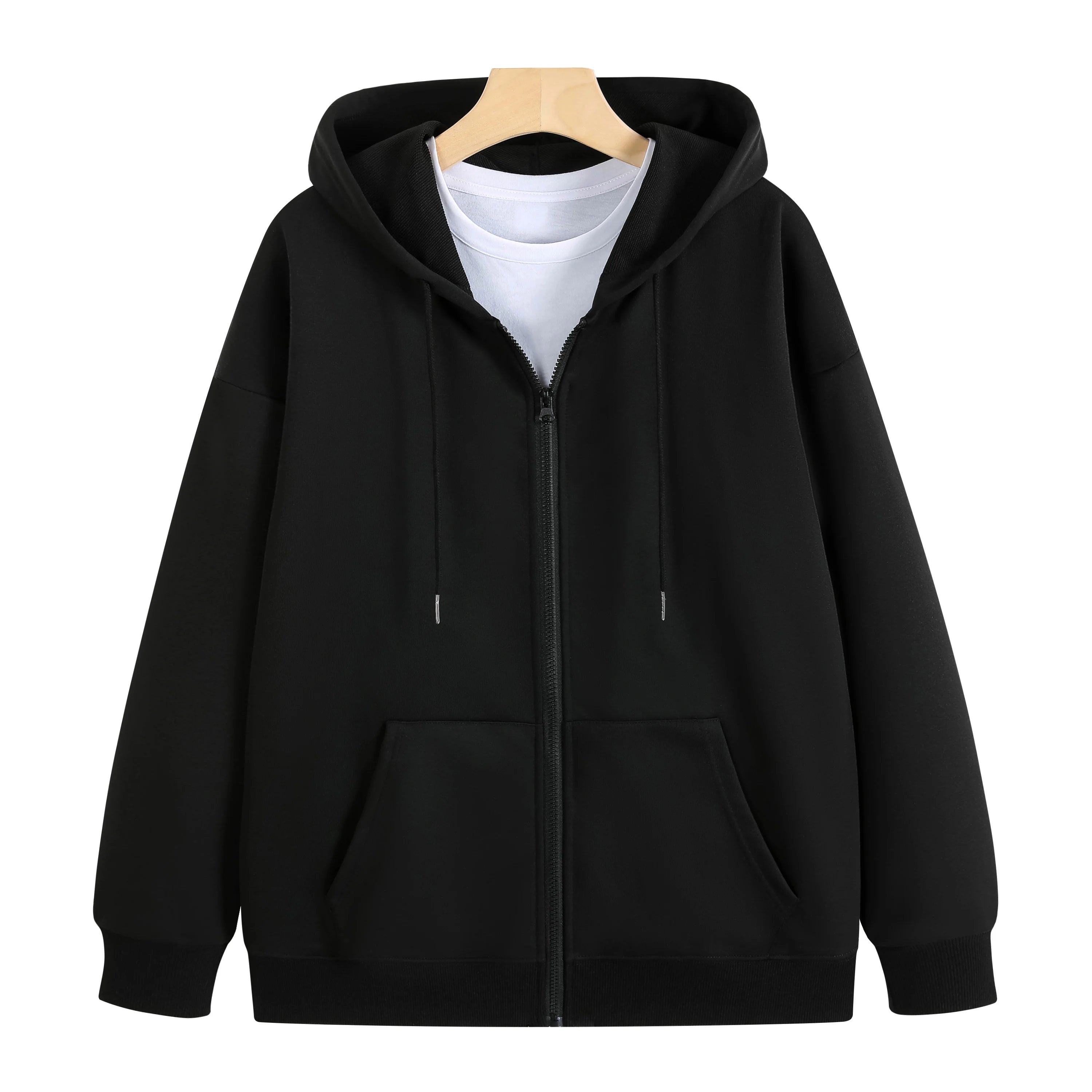 Wholesale High Quality Twill Lining Drop Shoulder Heavy Cotton Zip up Hoodies With Pockets for Men