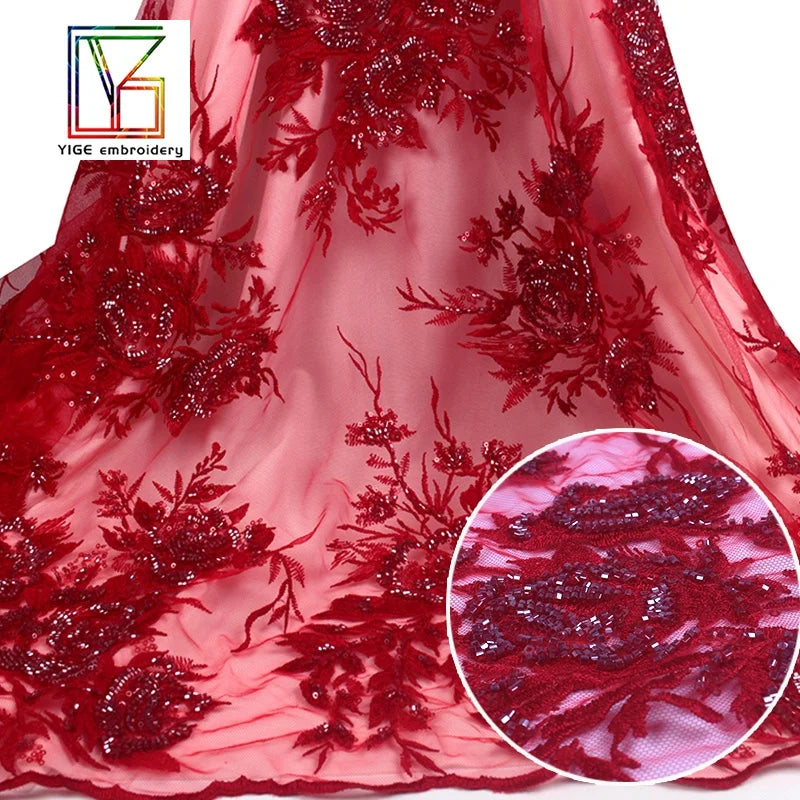 Hot Sale African Red Luxury 3d Beaded Lace With Sequins Shining Wholesale Embroidery Lace Dress Fabric