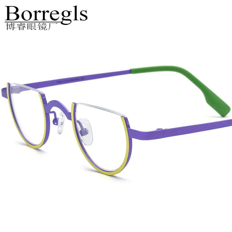 Borregls Colorful Titanium Glasses Frame Men 2025 New Designer Small Round Eyeglasses Women Semi-Rimless Optical Eyewear 185785