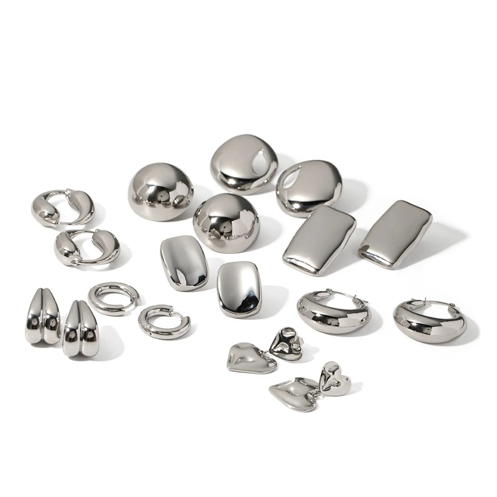 J&D Minimalist Stainless Steel Silver Earrings Chunky Smoothly High Polish Big Hoop Stud Earrings Sets