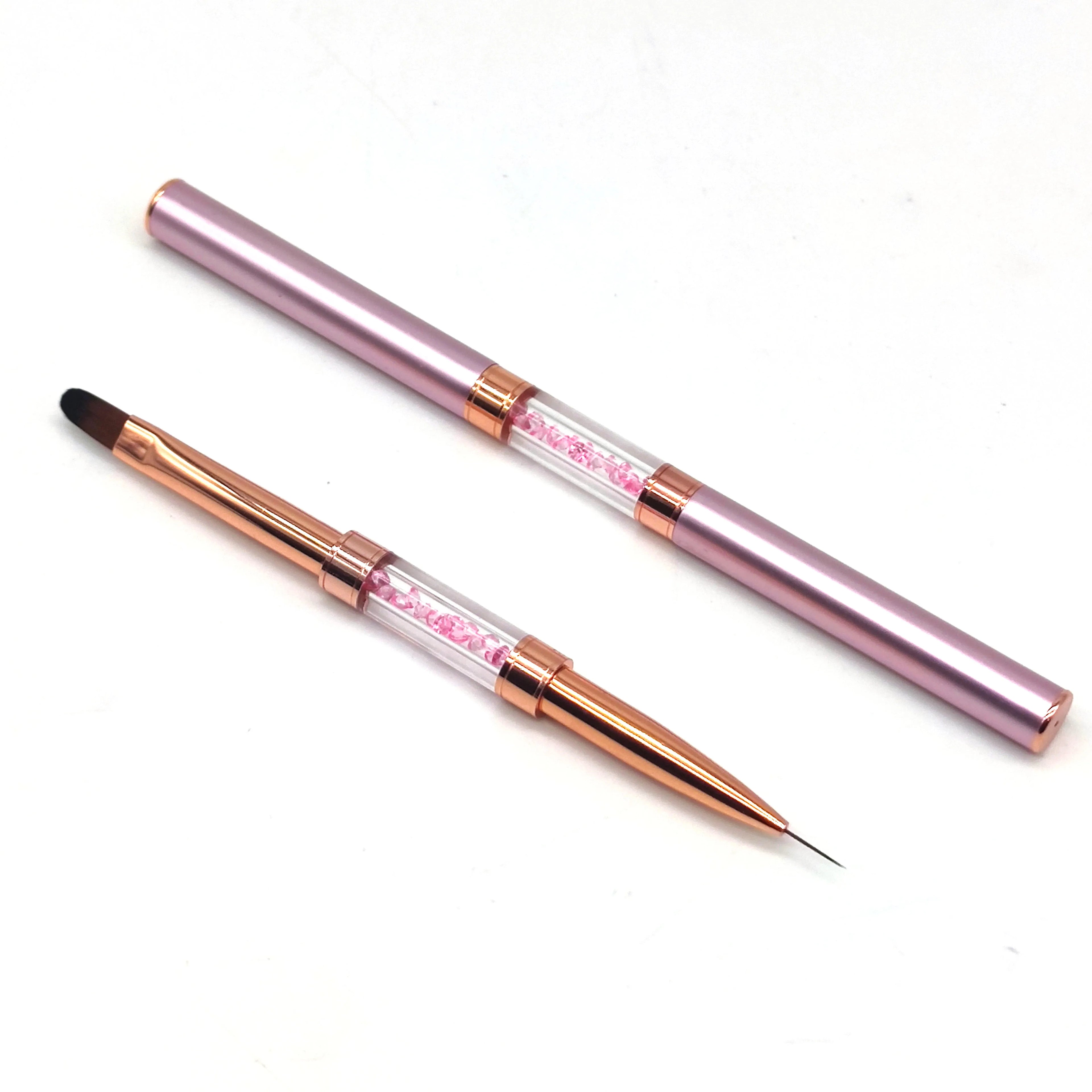 New Design pink Crystals Metal Handle Super Quality Soft Horse Bristle Manicure Paint Brush Liner Two Sided Nail Uv Gel Brush