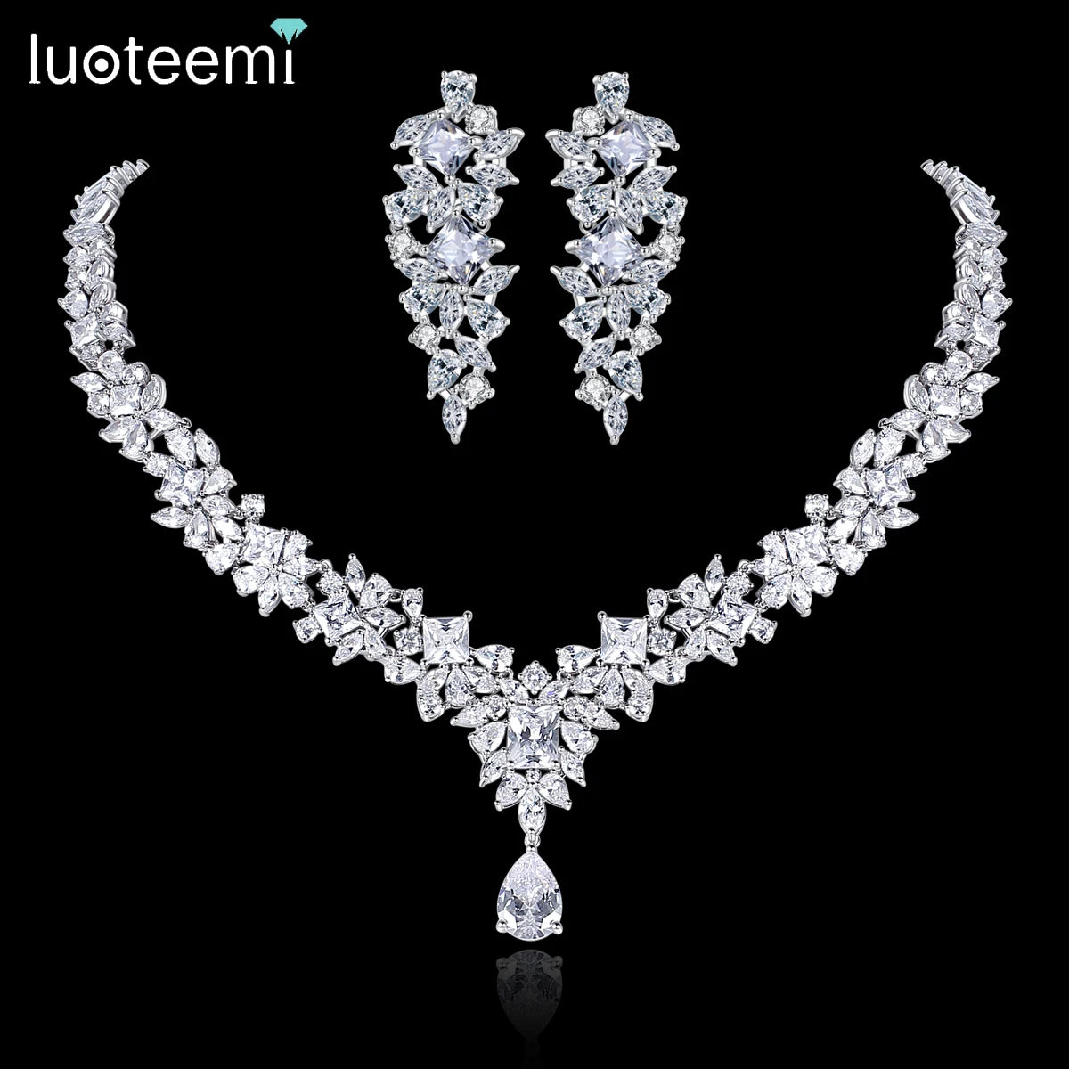 LUOTEEMI Dubai Woman Bridal of Iced Out Zirconia Accessory Wedding Erring Trending Icy Zircon Jewelry Set