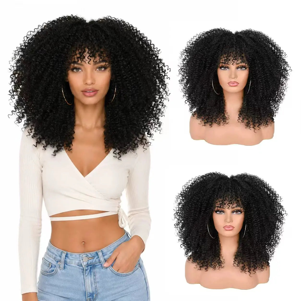 FUJAI 16Inch Curly Wigs for Black Women Afro Bomb Wig with Bangs High Temperature Fiber 100% Density Glueless Kinky Curly Hair