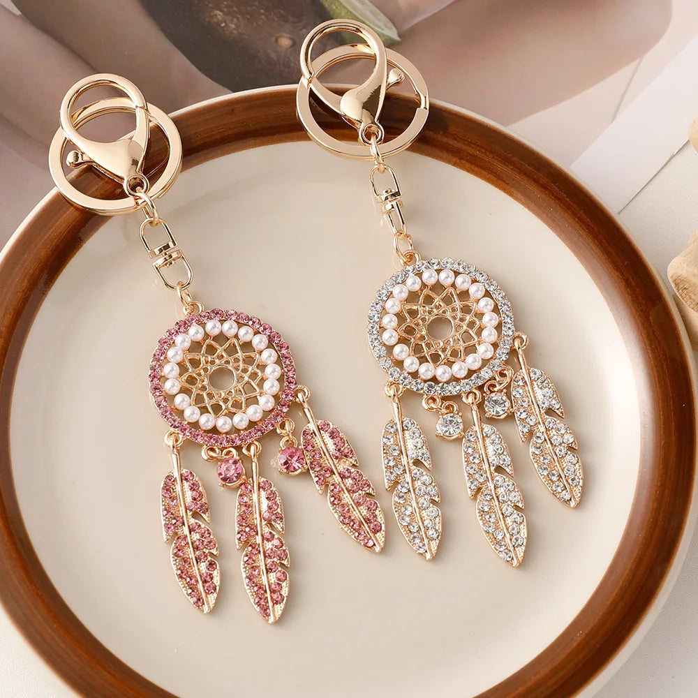 Stainless Steel Dream Catcher Keychain with Rhinestone and Crystal Fashion Trend for Women Car Key Charm