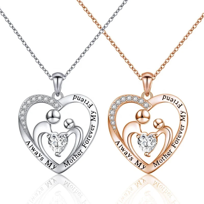 GP128 Always My Mother Forever My Friend Necklace 925 Sterling Silver Family in Love Heart Pendant for Necklace Gift for Women