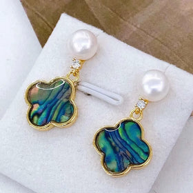 New Girls' S925 Pure Silver Clover Earrings with Natural Freshwater Pearl Abalone Shell Studs Needle Design