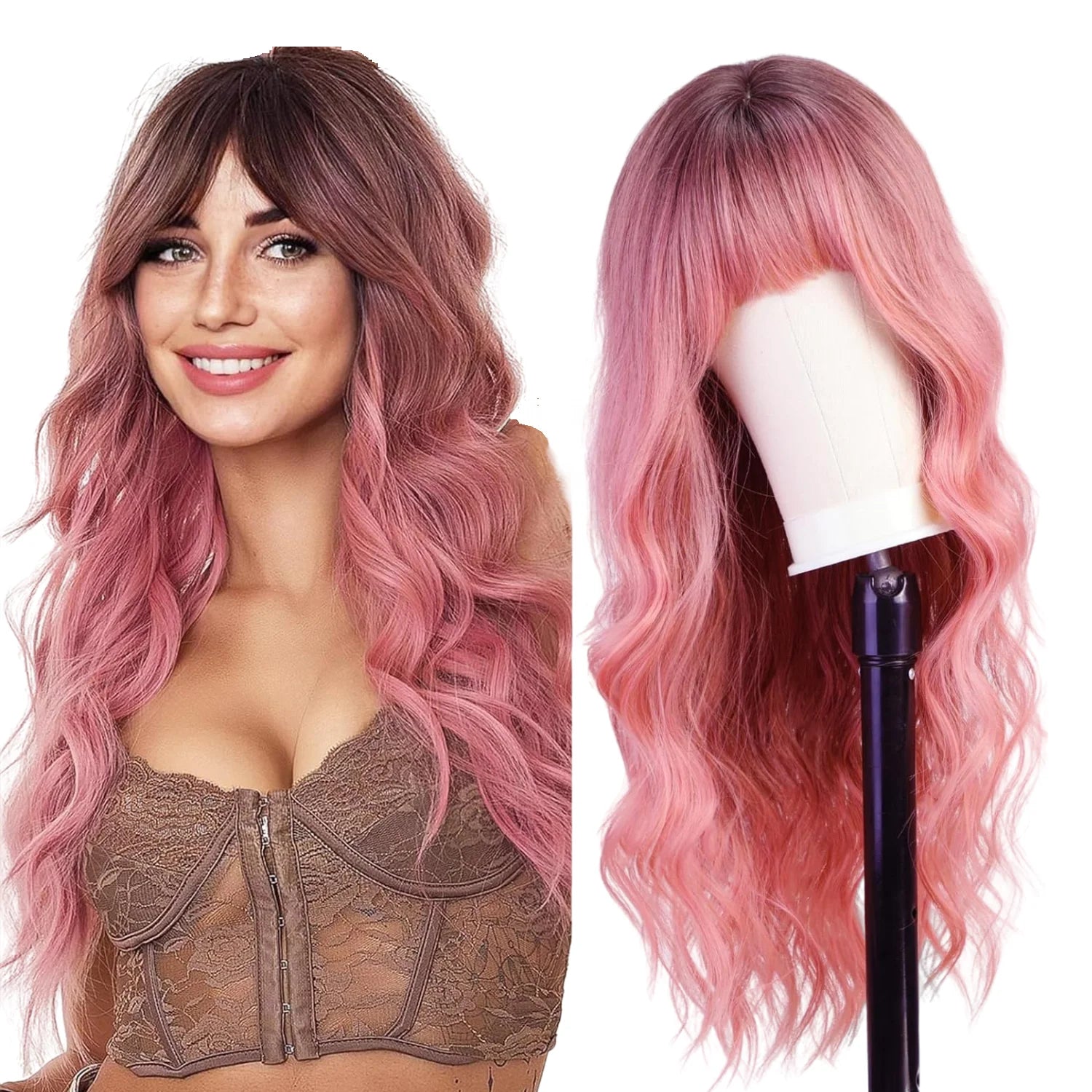 Wholesale 26 Inch Pink Cosplay Wigs Body Wave Synthetic Wigs  Suitable for Daily Party Wear Synthetic Wigs