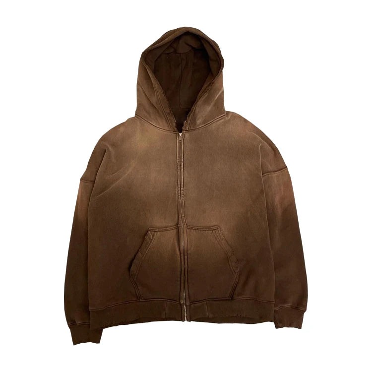 Manufacturers Custom High Quality Blank Oversized Zip up Vintage Wash Distressed Hoodie With Cut Bottom