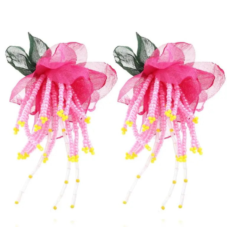 2023 Valentines Days Exaggerated Chiffon Flower Tassel Earrings Personality Bohemian Handmade Beads Chiffon Boho Flower Earrings