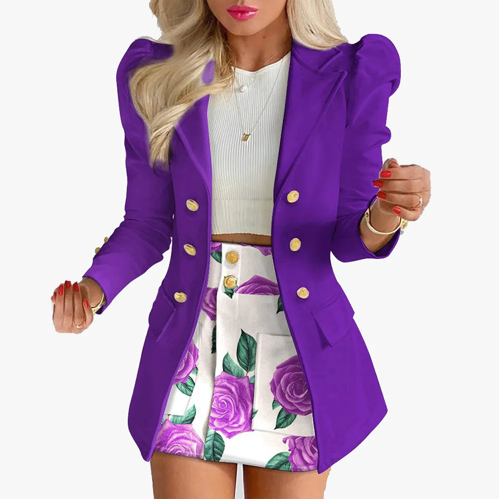 King Mcgreen Star Long Sleeve Solid Color Jacket With Mini Skirt Two-piece Suit Tailleur Femme Blazer Skirt Jacket Set Spring