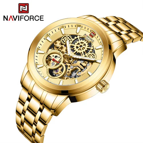 NAVIFORCE 1002 GG Waterproof Stainless Steel Automatic Watch Gold Mechanical Watch Men Creative Big Dial Wristwatch 10ATM Diving