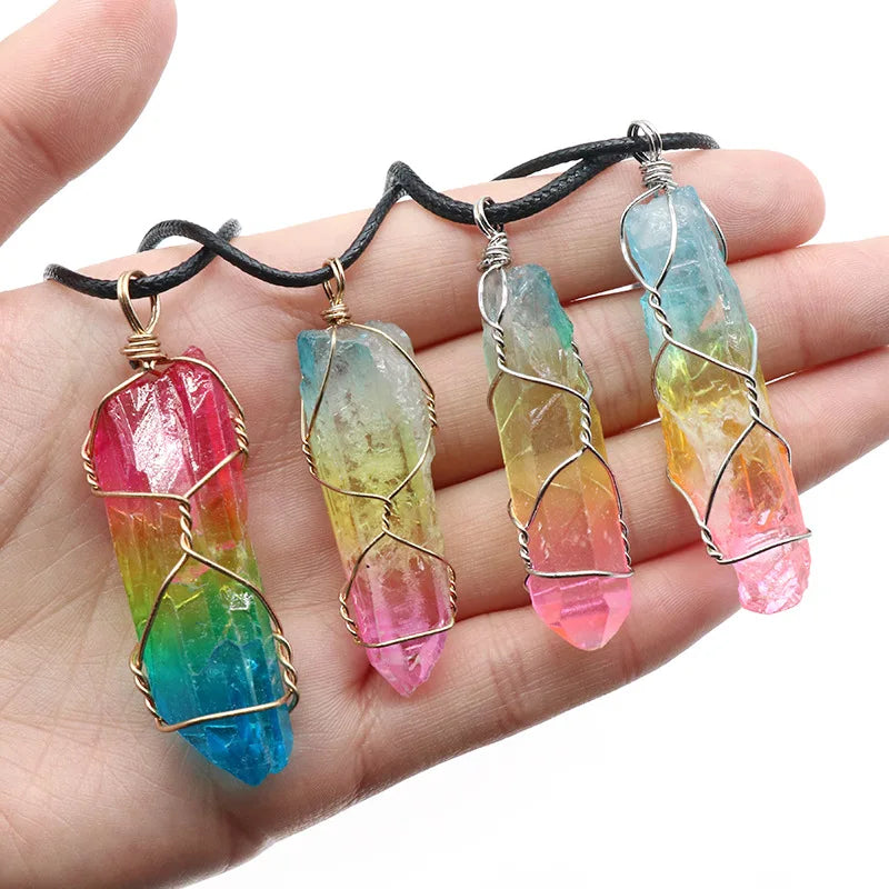 Wire Wrapped Aura Crystal Point Pendant Fashion Handmade Crystal Point Pendant Necklace Gemstone Pendant Jewelry