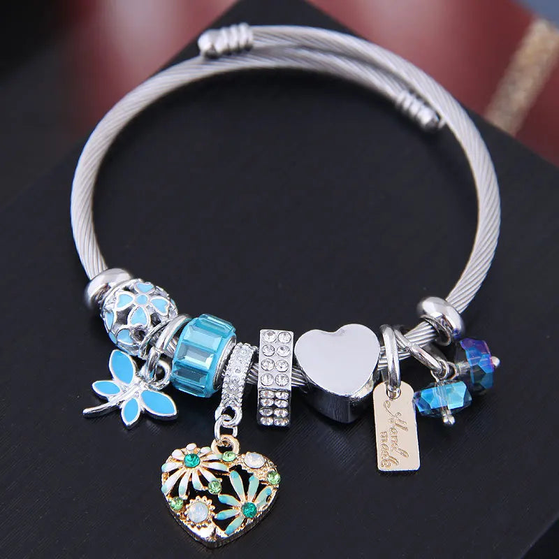 Hot Sale Stainless Steel love Flower Crystal Bead Charm Bracelet for Girls Luxury Jewelry Bangle Bracelets
