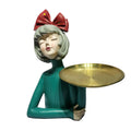 Handmade Resin Blowing Bubble Girl Statue with Round Tray for Living Room Indoor Decoration