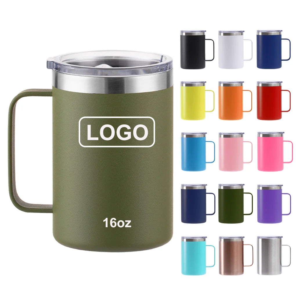 Wholesale Bulk 16oz Stainless Steel Insulated Coffee Mug Double Wall Vacuum Travel Camping Mug with Handle and Lid