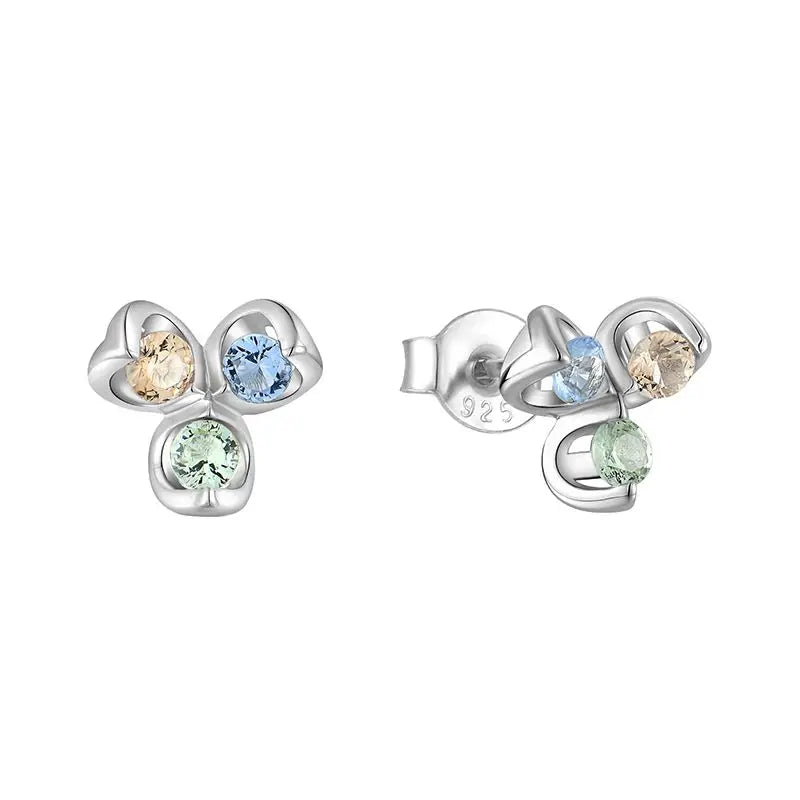 925 Sterling Silver Women Cubic Zirconia Three Stone Flower Post Studs Earrings