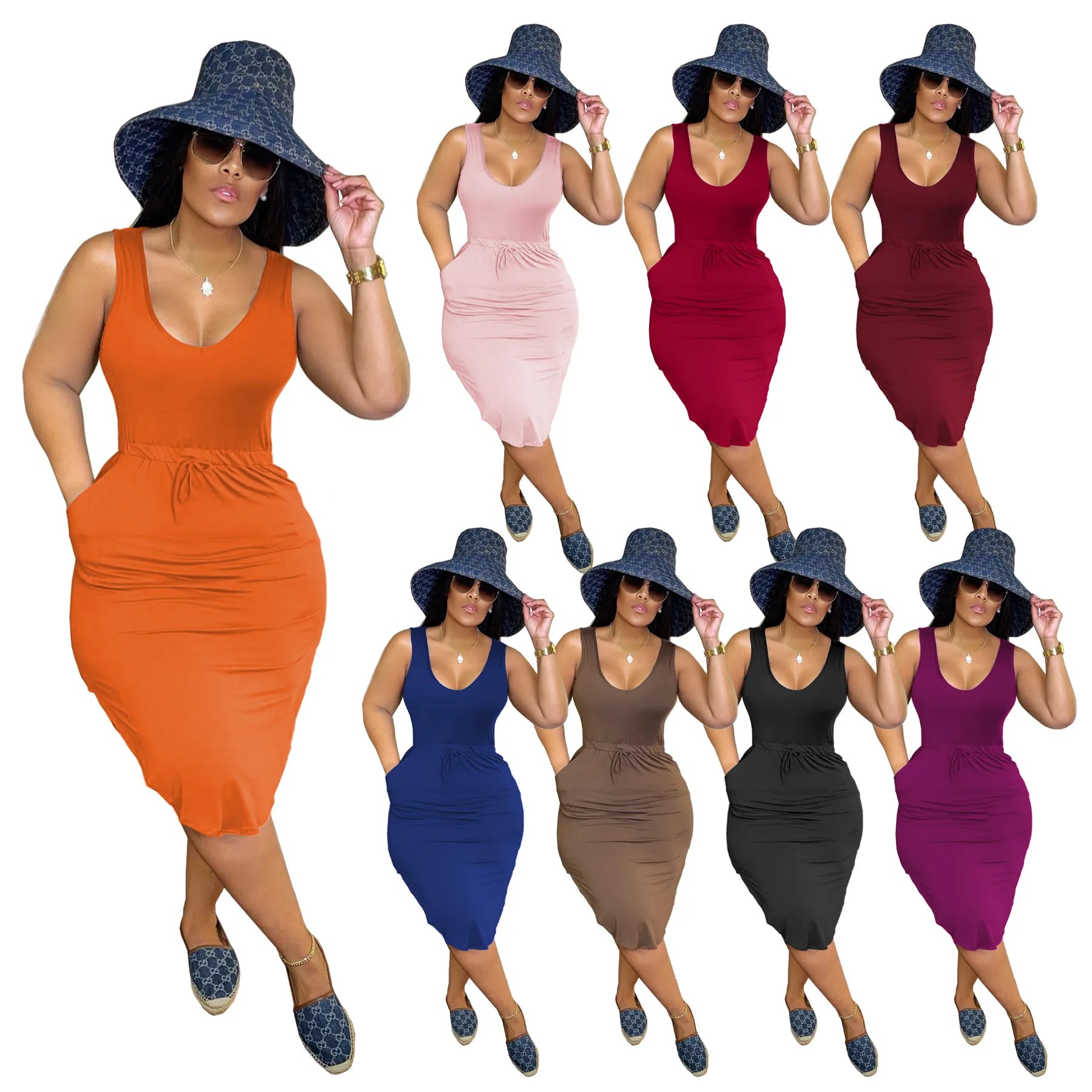 Woman Casual Elegant Sleeveless Clothes Summer Ladies Waist Drawstring One Piece Dress