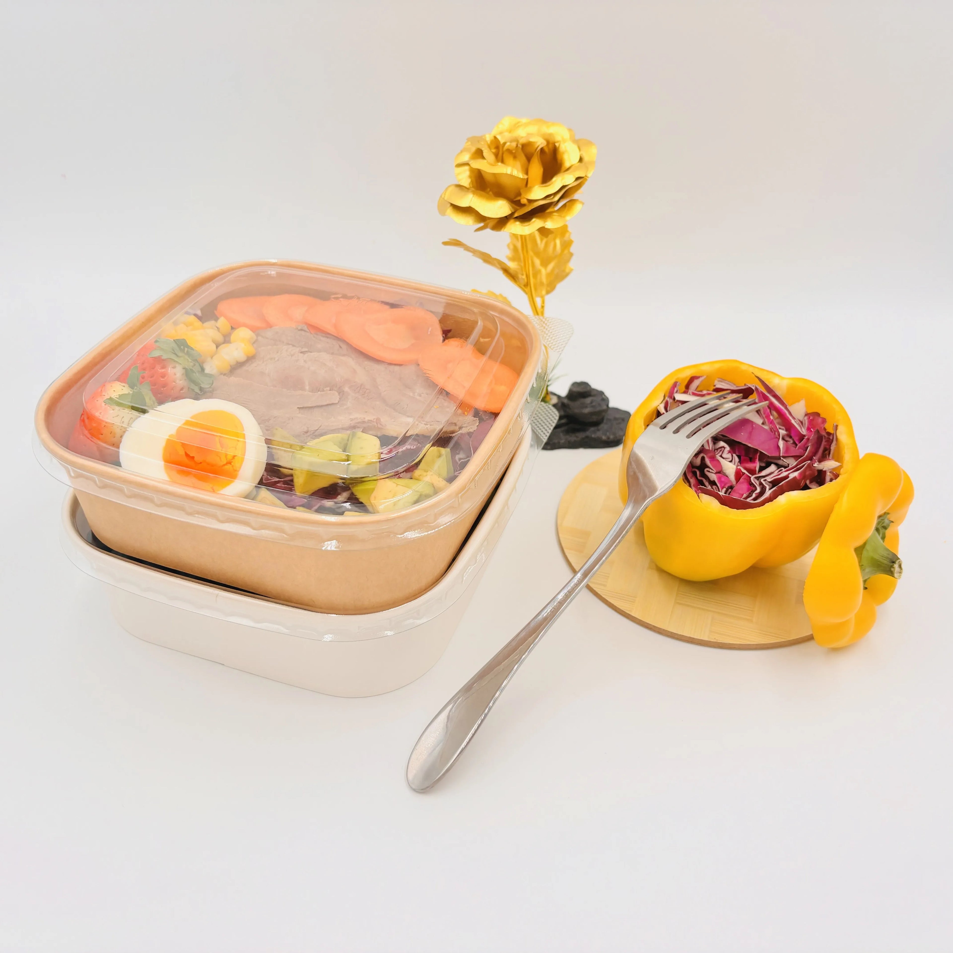 Rectangular Recyclable Kraft Paper Catering Container Disposable Takeaway Salad Soup Bowls PET Lids UV Coating Matt Lamination
