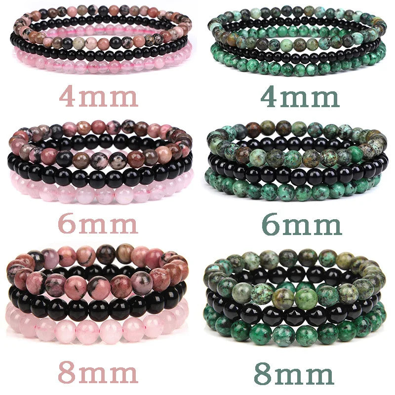 3Pcs/set Natural Stone Bracelets for Women Men 4/6/8MM Rose Quartz Amethyst Sodalite Beads Bracelet Sets