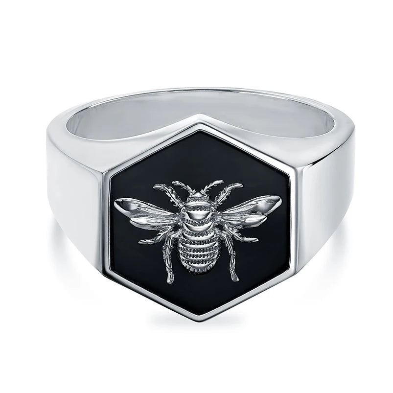 Gemnel 925 Sterling Silver 18k Gold Vermeil 0.1 Microns Bee Black Enamel Signet Men Rings