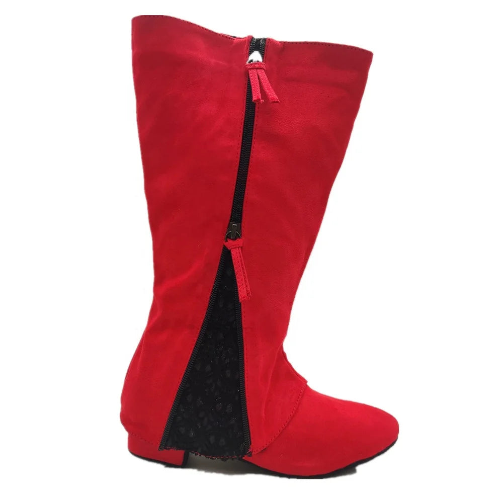 Brand New MOQ001 Women's Red Suede Low Heel Zipper Dance Shoes Fashionable Christmas Hot Selling Lady Dance Boots
