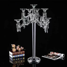 9 Arms Silver Crystal Bead UV Printed 1 Color Hurricane Candle Holder Long Stem Clear Handmade for Weddings Valentine's Day