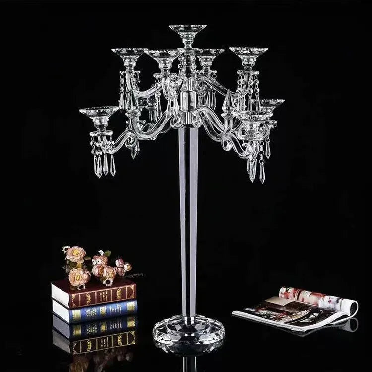 9 Arms Silver Crystal Bead UV Printed 1 Color Hurricane Candle Holder Long Stem Clear Handmade for Weddings Valentine's Day