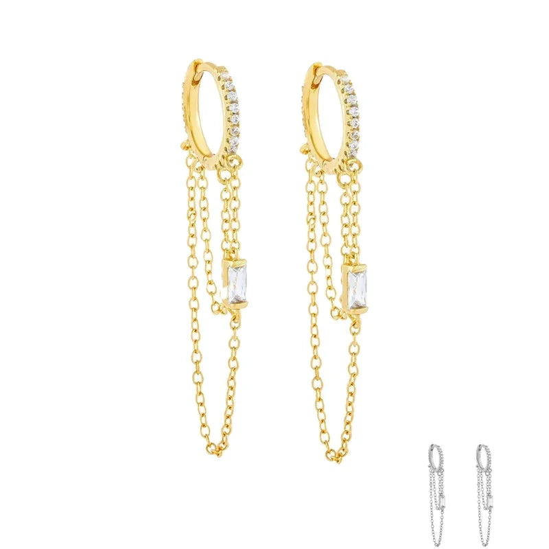 FUAMAY Custom 925 Sterling Silver Tassel Zircon Gold Plated Hoop Earrings with Silver Multi  Chain and Earring Combo