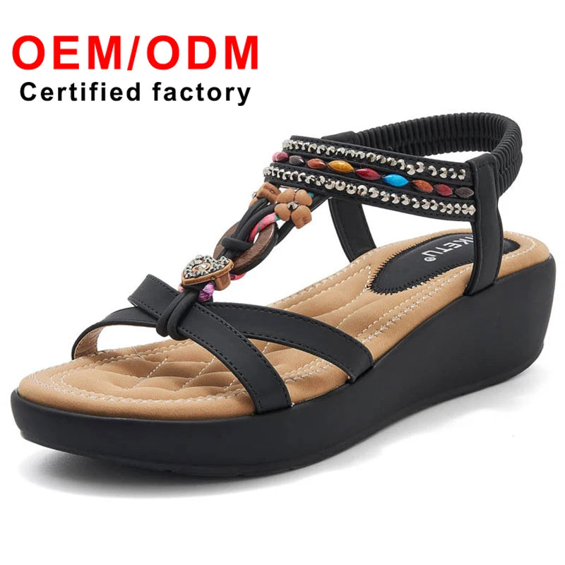 Hot Selling Women's Large Size Elegant Beach Sandals Rhinestone Decorated Casual Platform Shoes for Spring Thick-Heeled Wedge