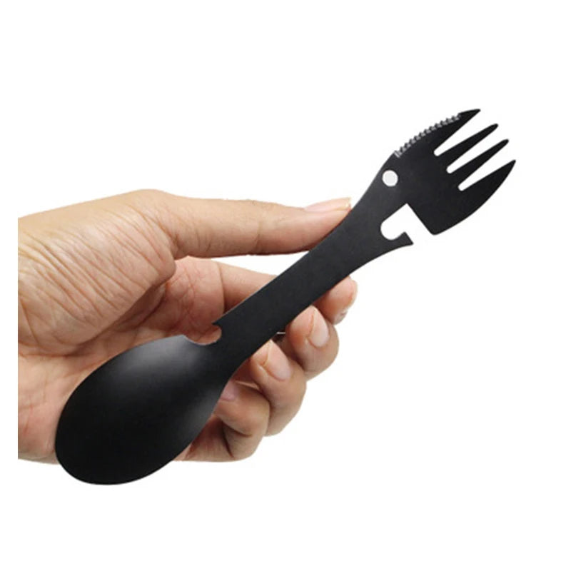 5 in 1 Multi-function Metal EDC Outdoor Camping Survival Tools Stainless Steel Spork Fork Knife Spoon Bottle/Can Opener