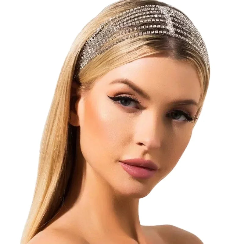 7 Layer Multilayer Women Luxury Shiny Wide Diamond Hairband Strip Crystal Headband Bride Bling Rhinestone Wedding