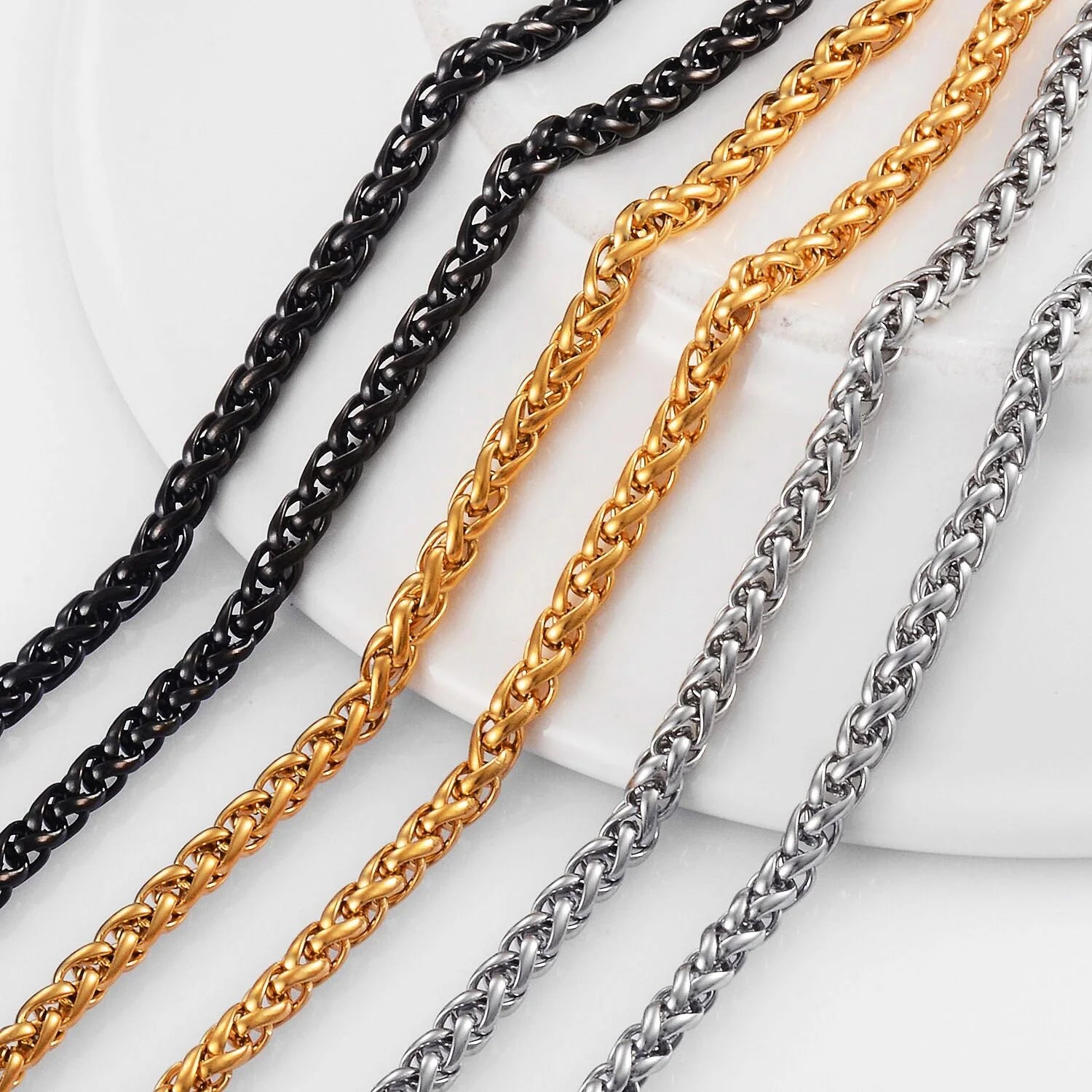 Mens Wheat Chain Necklace 5mm 3mm 18k Gold Stainless Steel Man Wheat Braided Chain Fine Jewelry No-tarnish Silver Necklace