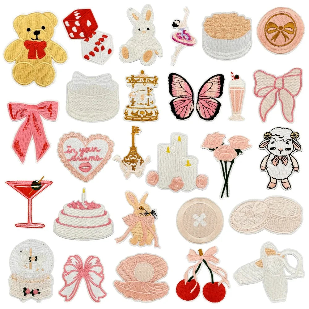 Iron on Embroidery Light pink Birthday Cake Girl Gift Bear butterfly Bow Cheey Dice Patch for Girls