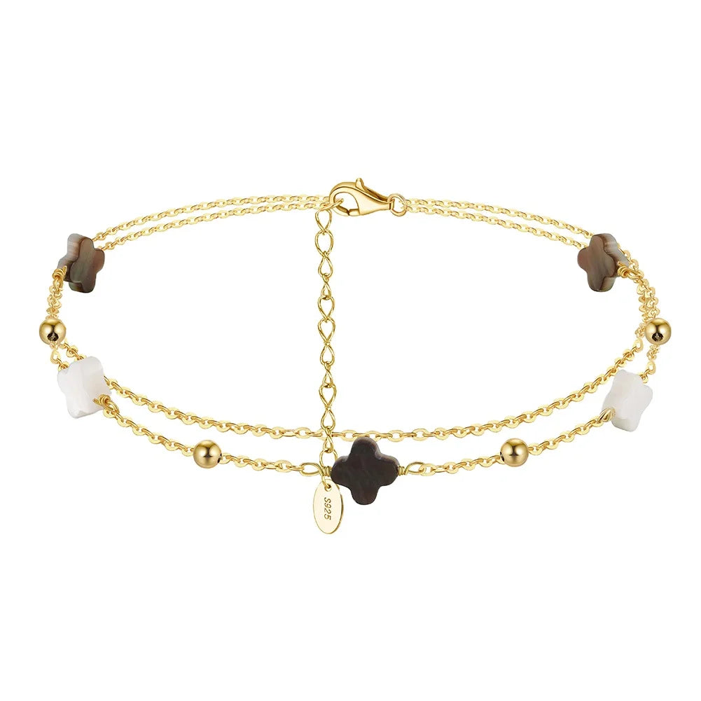RINNTIN GMA02 High Quality 925 Sterling Silver 14K Gold Plating Four Leaf Clover Pearl Double Layers Chains Anklet for Women