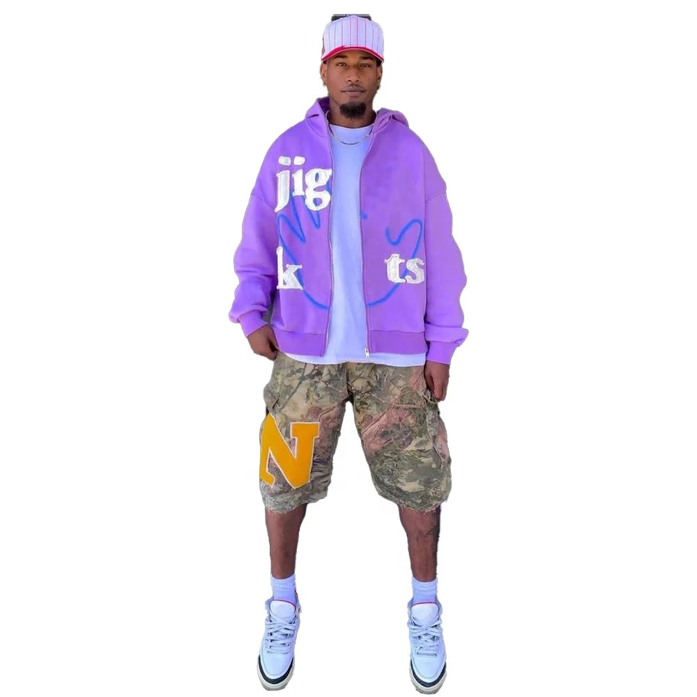 KY Custom Embroidery Patches Acid Wash Zip up Hoodie Purple 100% Cotton Hoodie Silk Screen Printing Streetwear Hoodie