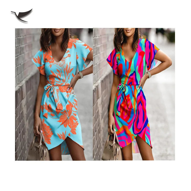 Summer Ladies Short Sleeve Irregular Casual Plus Size Floral Printed Woman Dress