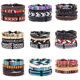 Wholesale Bohemian Ethnic Colorful Bracelet Bangle Woven Handmade Cowhide PU Leather Wristband Bracelets Women