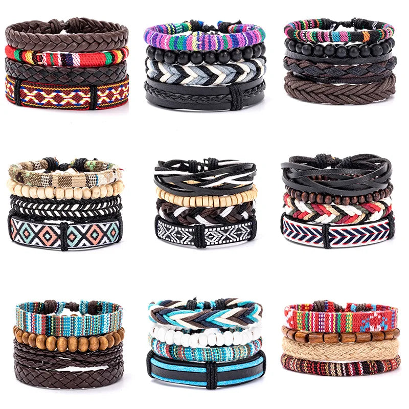Wholesale Bohemian Ethnic Colorful Bracelet Bangle Woven Handmade Cowhide PU Leather Wristband Bracelets Women