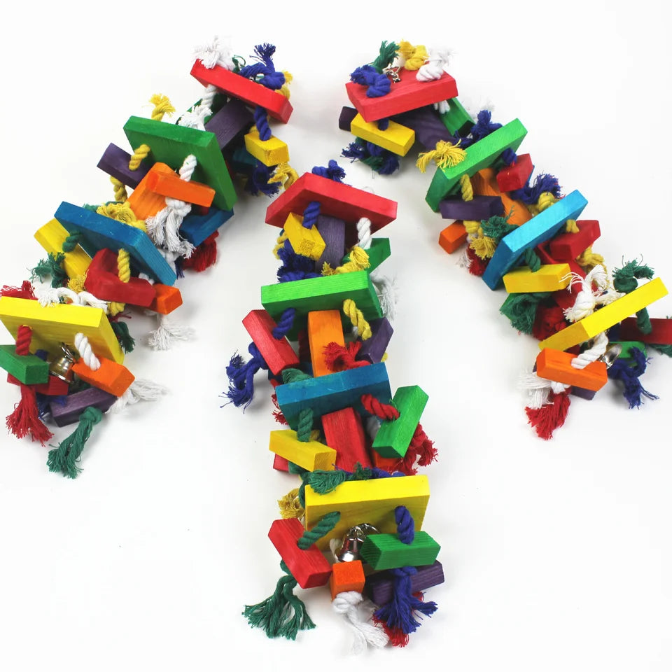 TMedium and Large Parrot Toys Bird Chew Toy Colored Beads Wooden Block Wooden Post Hemp Rope Gnaw Climbing Toy
