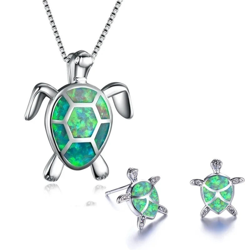 2024 Sea Life New Arrival Custom Created Blue Opal Necklace Animal Jewelry Cute Sea Turtle Pendant Necklace Earrings Sets