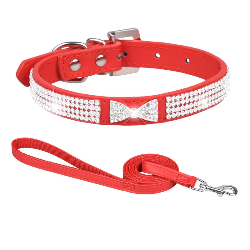 Hot Selling Adjustable PU Dog Cat Pet Leashes and Collars with Sparking Rhinestone Lovely Style