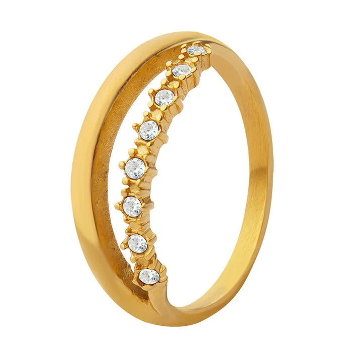 Simple Stainless Steel 18K Gold Plated Double Layers Zircon Circle Rings Titanium Steel PVD Personalized Irregular Zircon Ring