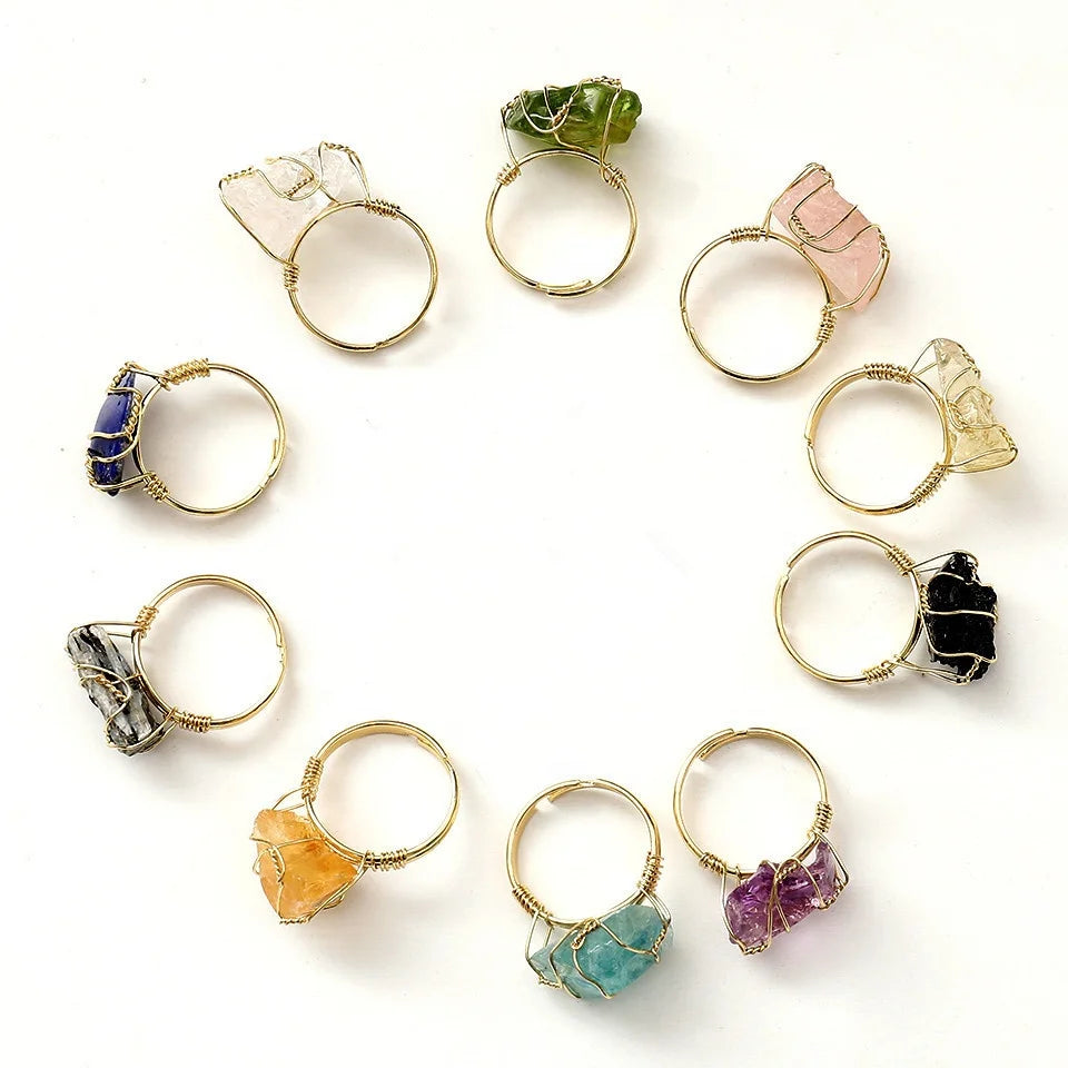 Natural Stone Ring Adjustable Birth Stone Ring Women Rough Amethyst White Crystal Unshaped Stone Winding Ring