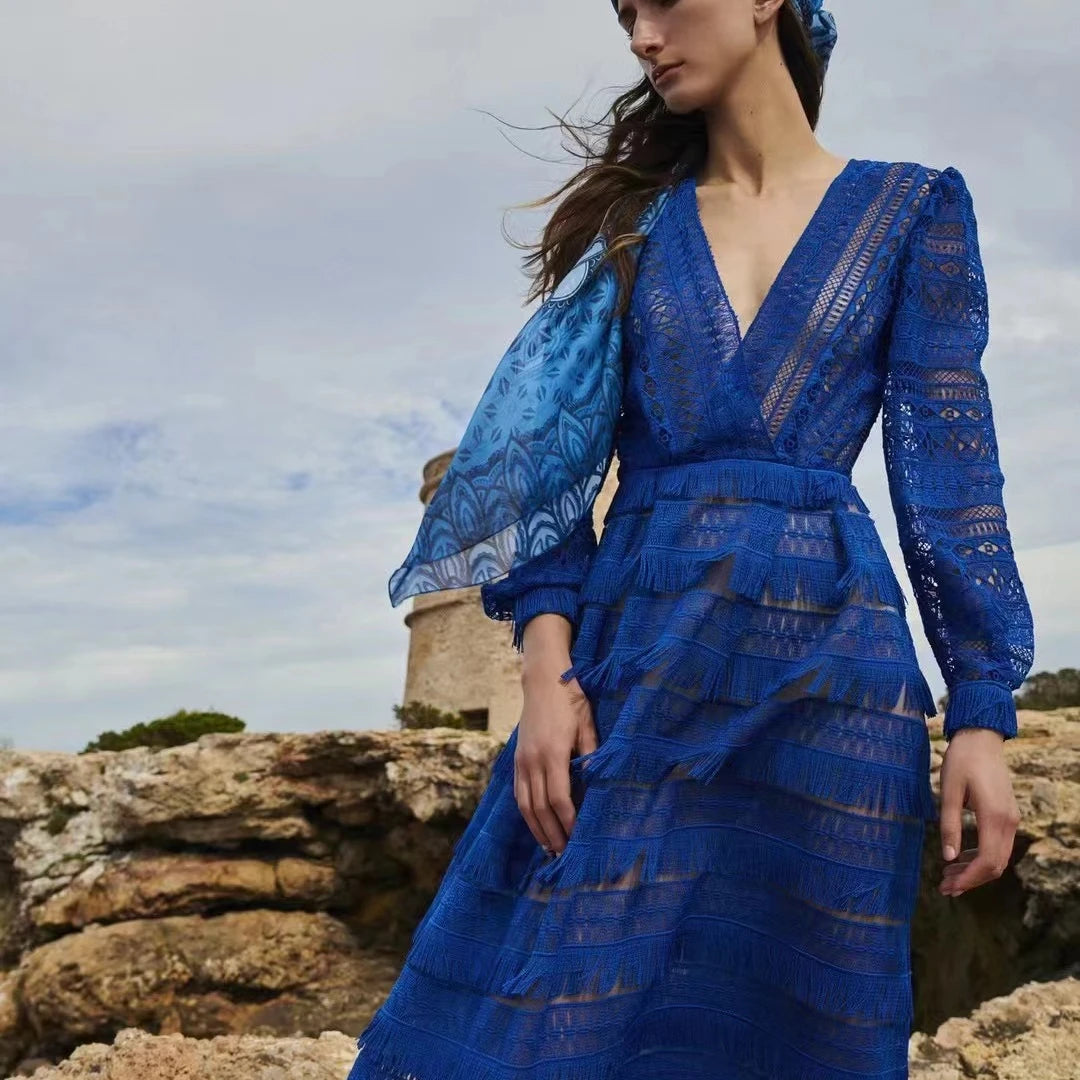 Royal Blue Haute Couture Guipure Party Dress Fabric