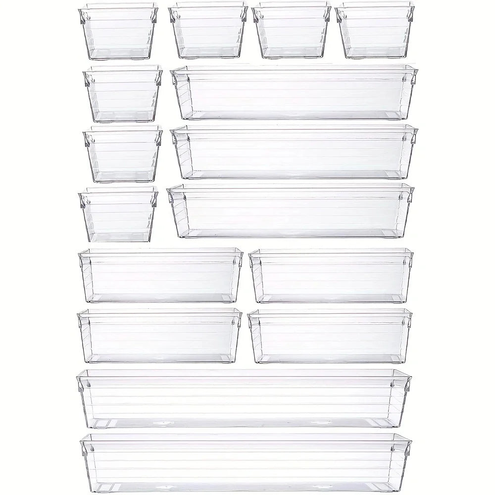 OWNSWING 16 PCS Clear Plastic Drawer Organizers Set Storage Bins for Kitchen Vanity Drawer Organizer Trays