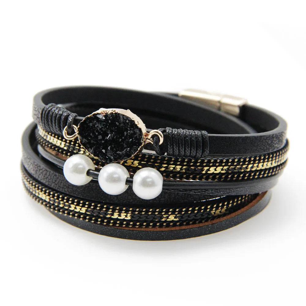 PU Leather Wrap Bracelet Boho Cuff Bracelets Crystal Bead Bangle with Magnetic Clasp Jewelry Gifts for Women Teen Girls