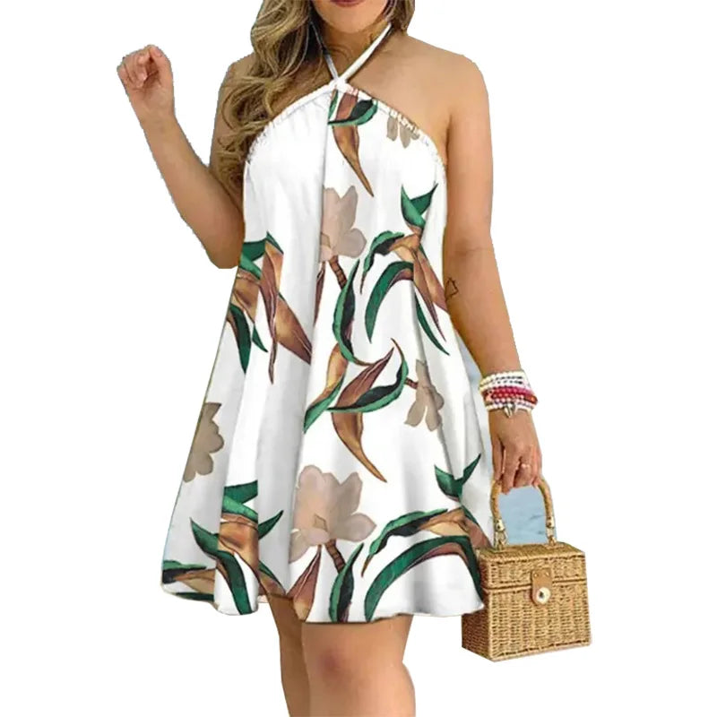 2025 New Summer Arrival Printed Neck Hanging Dress Sleeveless Womens Beach Skirt Backless Mini Dress
