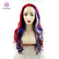 Furina High Temperature Lace Front Wigs Popular Middle Part Long Silky Wavy in Blue Red Ombre Soft Synthetic Material