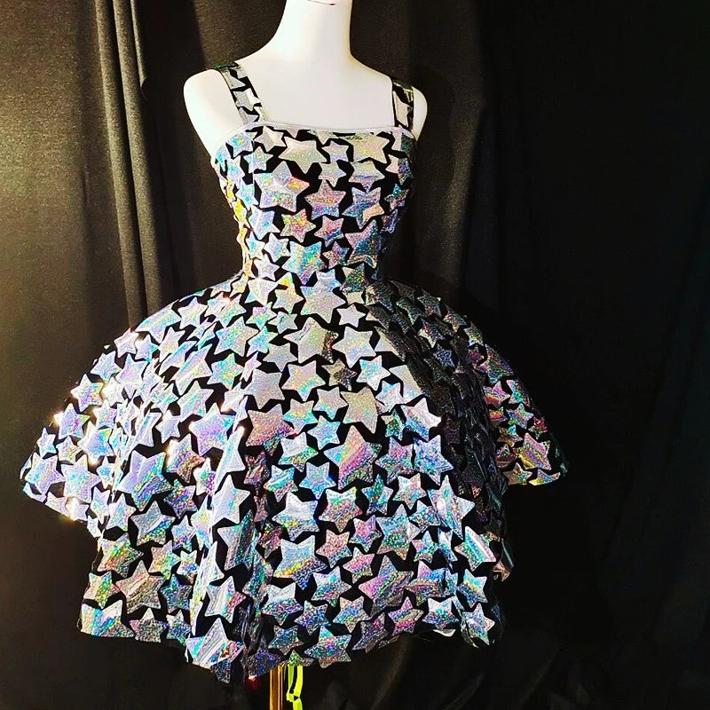 Laser Mirror Tutu Mini Slit Dress Women Singer Dancer Sexy Stage Costume Birthday Party Bar Prom Performance Clothes